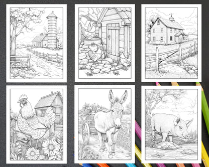 50 Country Farm Scenes Adult Coloring Pages Printable PDF Instant Download