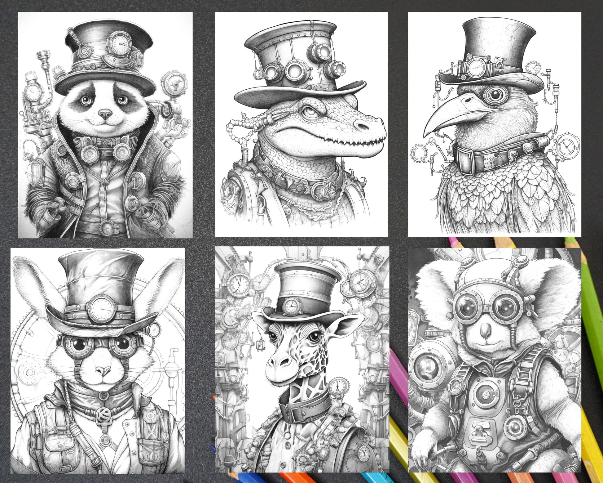 60 Steampunk Animals Grayscale Coloring Pages Printable for Adults, PDF File Instant Download
