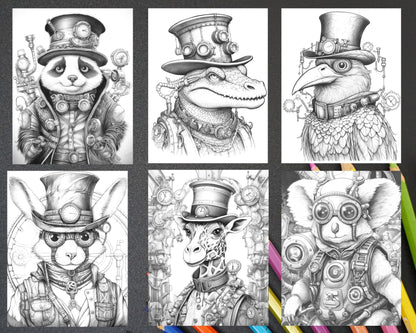60 Steampunk Animals Grayscale Coloring Pages Printable for Adults, PDF File Instant Download