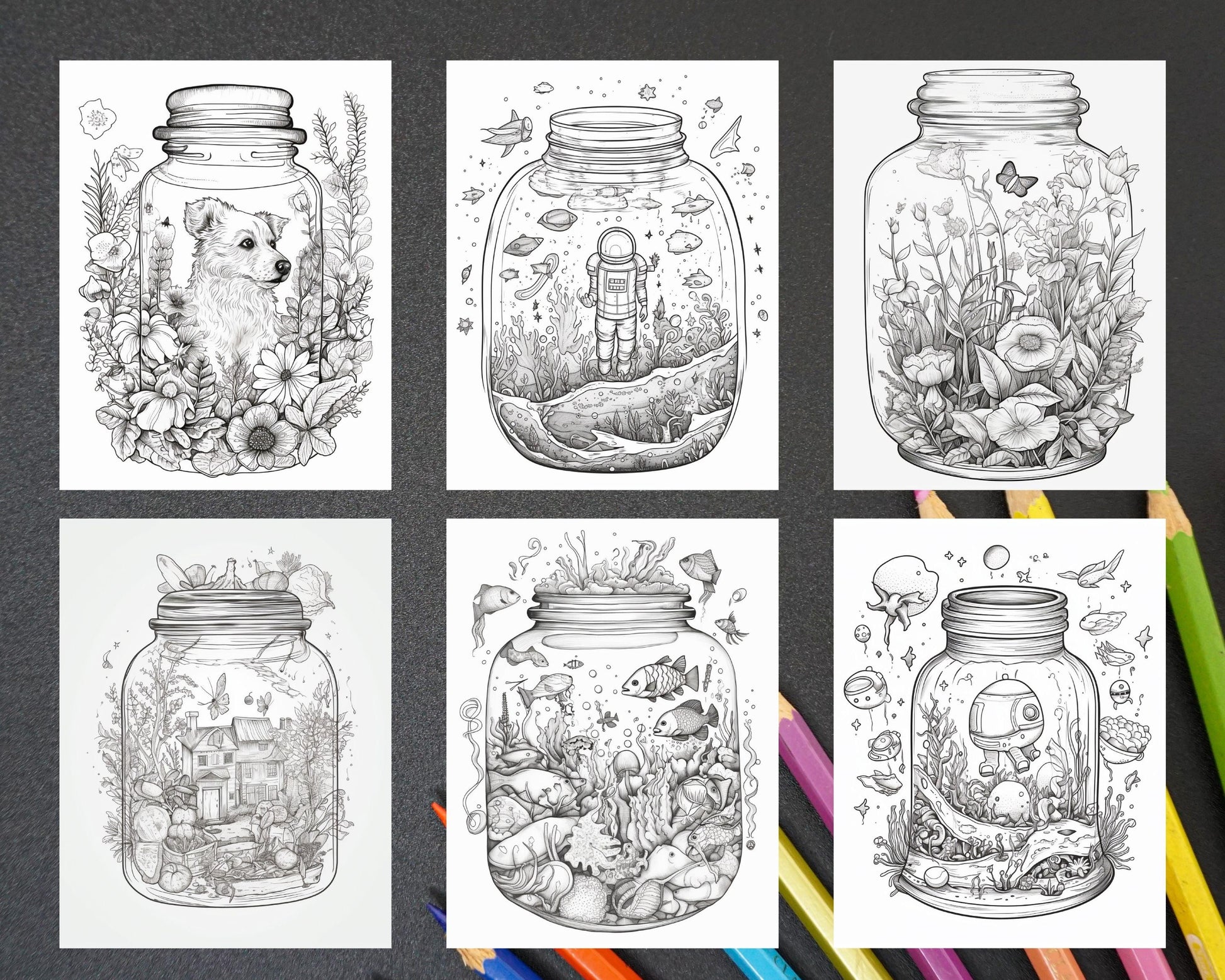 64 Life Inside Jar Printable Coloring Pages for Adults, Grayscale Coloring Book, Printable PDF File Download