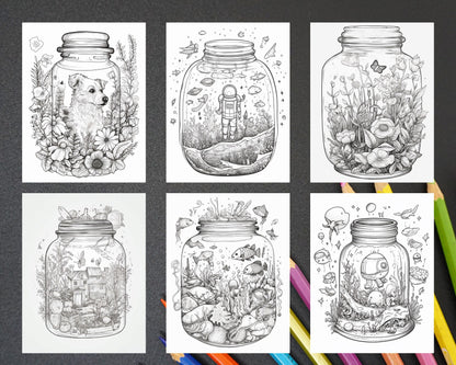 64 Life Inside Jar Printable Coloring Pages for Adults, Grayscale Coloring Book, Printable PDF File Download
