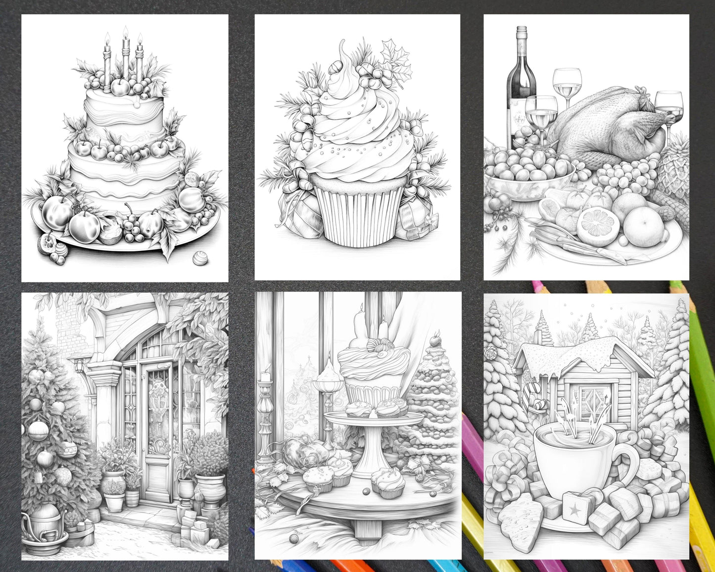 90 Merry Christmas Grayscale Coloring Pages Printable for Adults, PDF File Instant Download