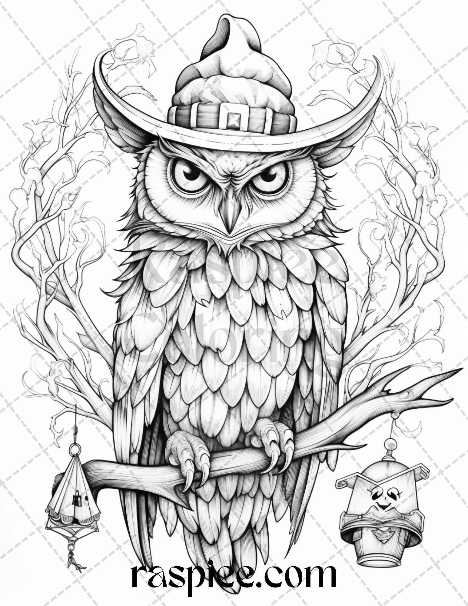 Halloween Witch Owl Grayscale Coloring Pages for Adults and Kids, Printable PDF Instant Download