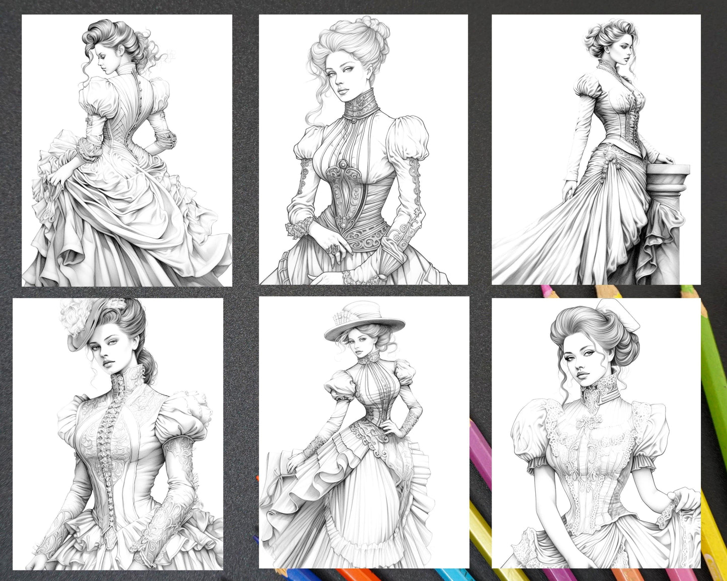 50 Victorian Fashion Grayscale Coloring Pages Printable for Adults, PDF File Instant Download