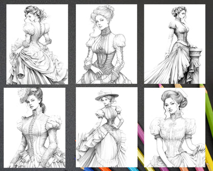 50 Victorian Fashion Grayscale Coloring Pages Printable for Adults, PDF File Instant Download