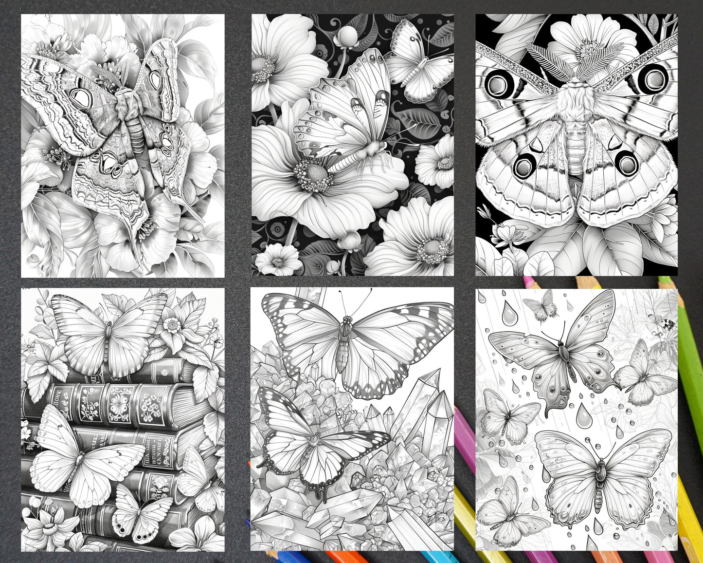 77 Butterflies and Moths Grayscale Adult Coloring Pages, Printable PDF Instant Download