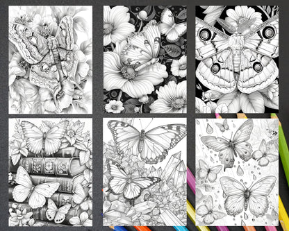 77 Butterflies and Moths Grayscale Adult Coloring Pages, Printable PDF Instant Download