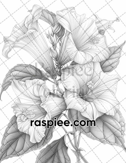 65 Tropical Flowers Grayscale Adult Coloring Pages Printable PDF Instant Download