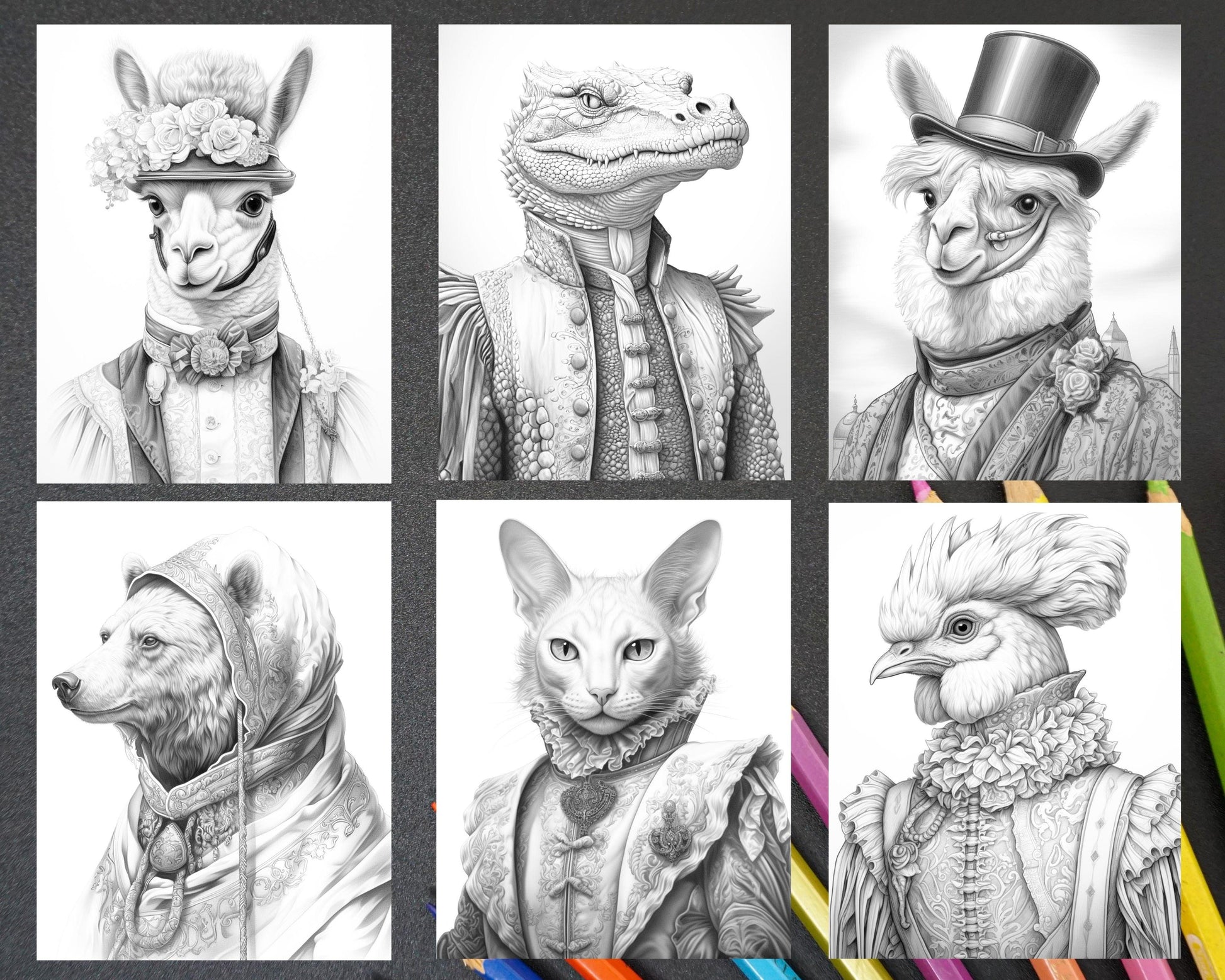 80 Gothic Animals Grayscale Adult Coloring Pages, Printable PDF Instant Download