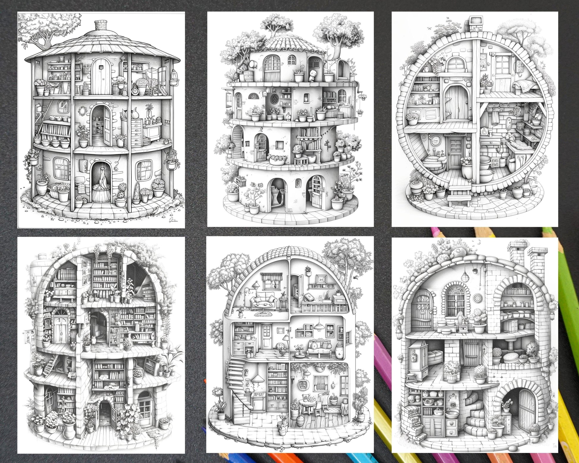 60 Isometric House Grayscale Adult Coloring Pages, Printable PDF Instant Download