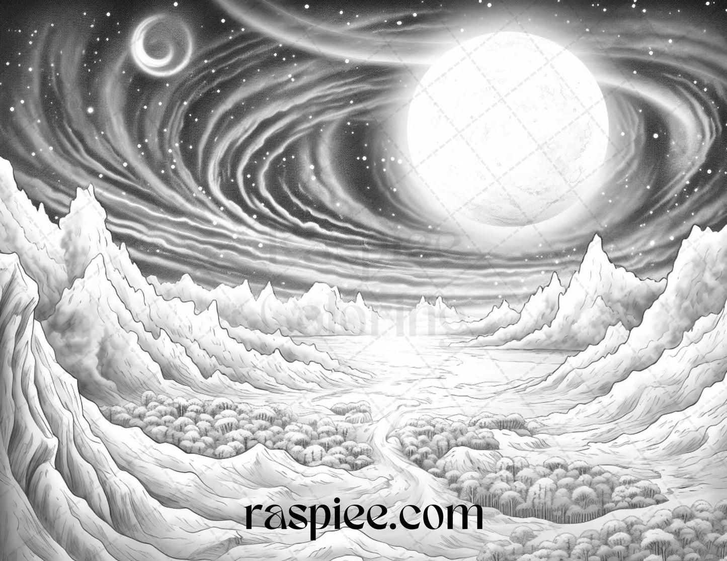 55 Celestial Landscapes Grayscale Coloring Pages Printable for Adults, PDF File Instant Download