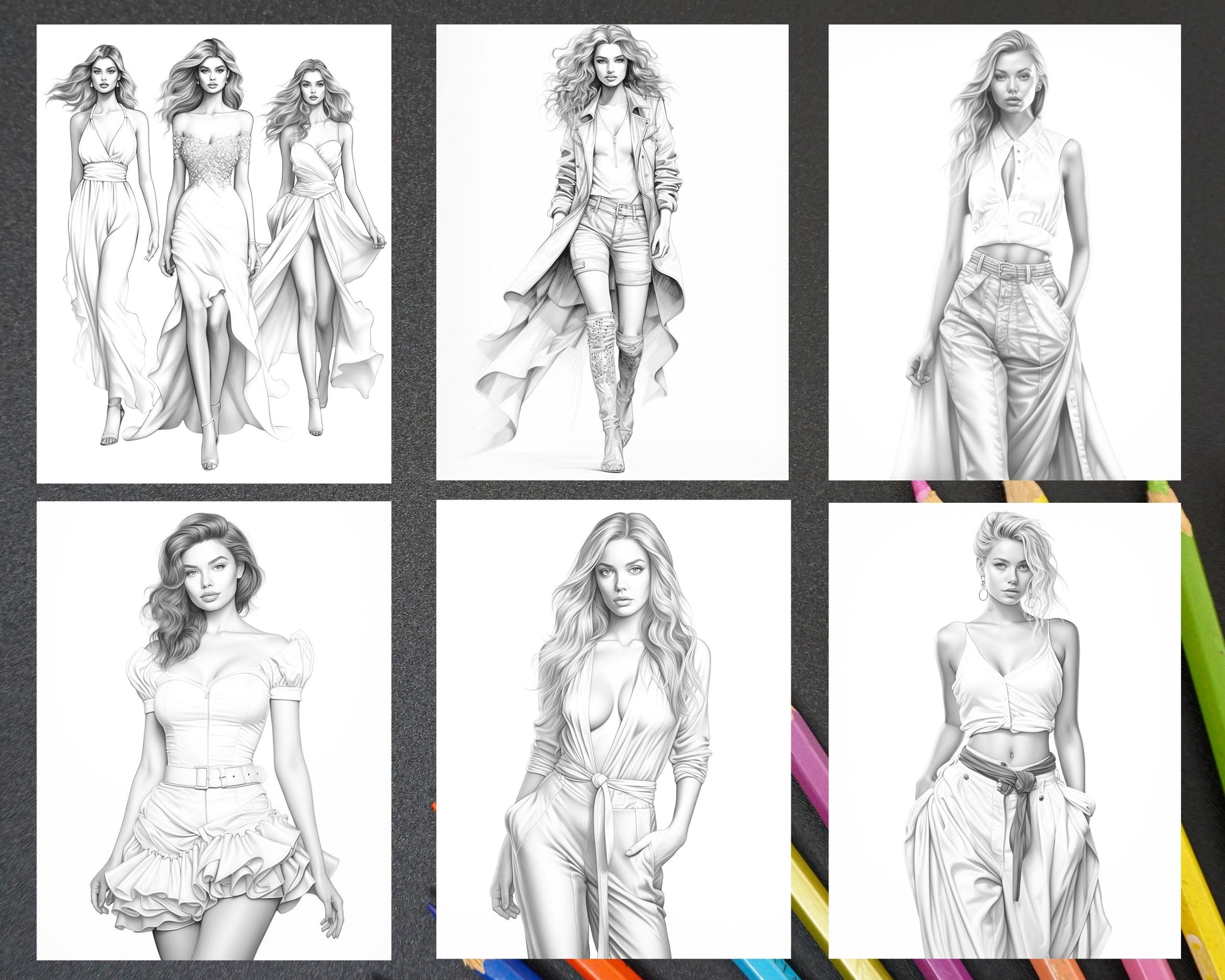 Fashion Show Grayscale Coloring Pages Printable for Adults, PDF File Instant Download