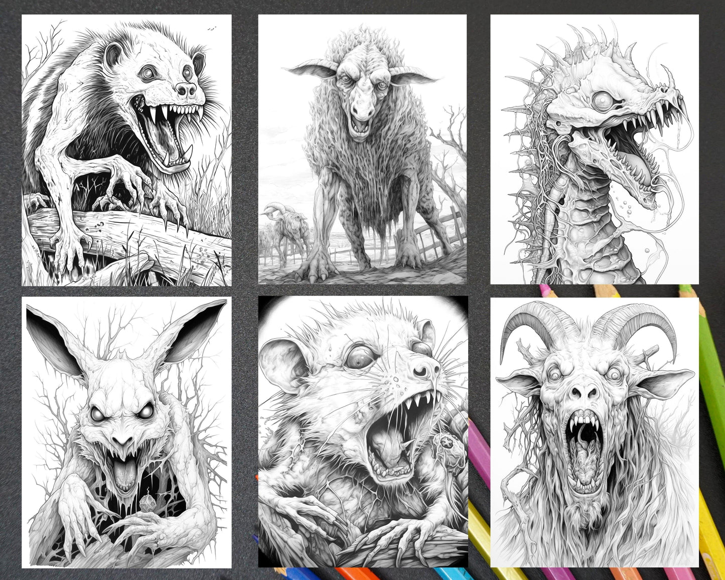 66 Horror Zombie Animals Grayscale Coloring Pages Printable for Adults, PDF File Instant Download