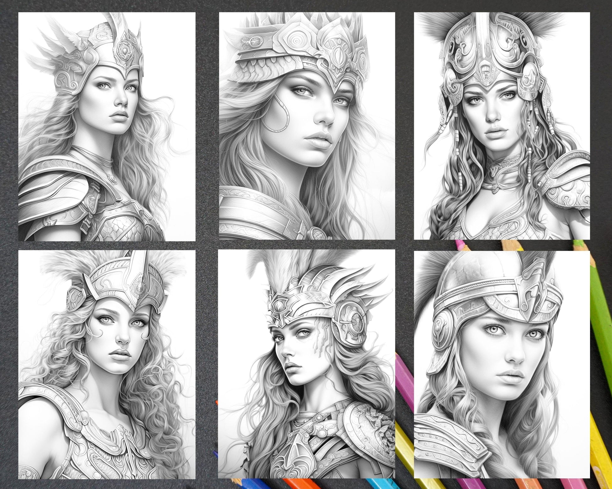 Greek Women Warriors Grayscale Coloring Pages for Adults, Printable PDF File Instant Download