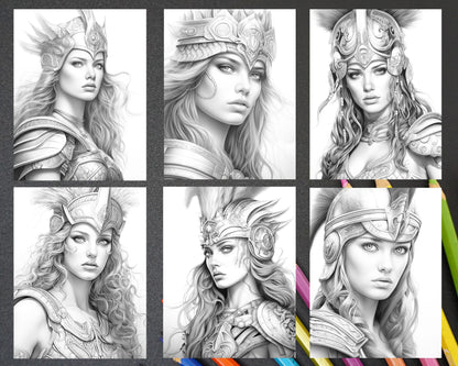 Greek Women Warriors Grayscale Coloring Pages for Adults, Printable PDF File Instant Download