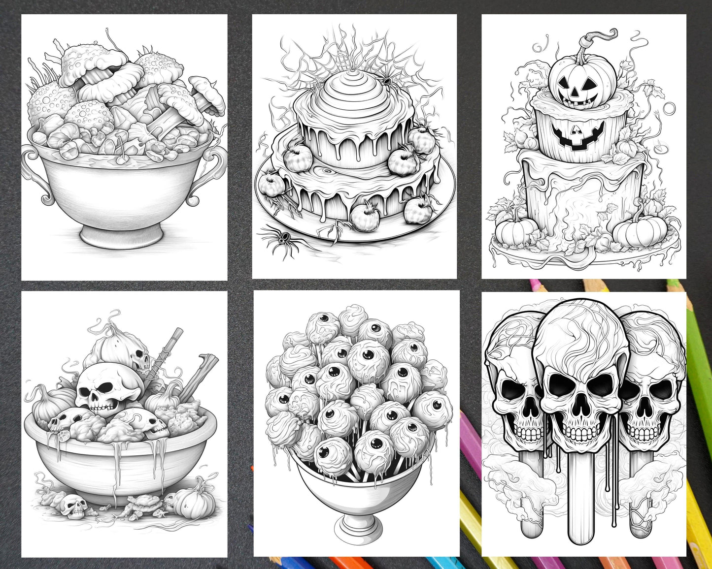 68 Halloween Spooky Desserts Grayscale Coloring Pages Printable for Adults, PDF File Instant Download