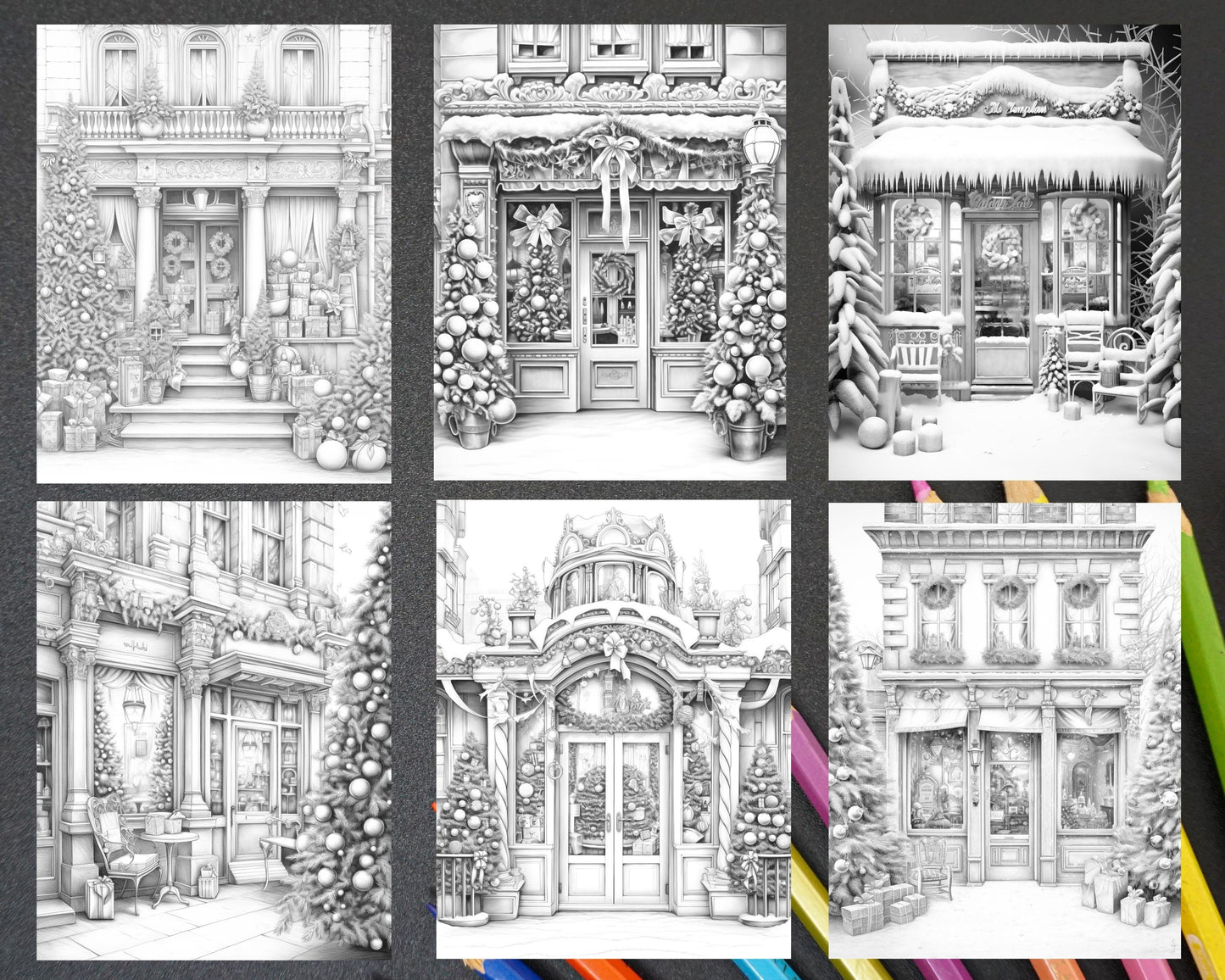 Christmas Store Front Grayscale Coloring Pages for Adults, PDF Printable Instant Download