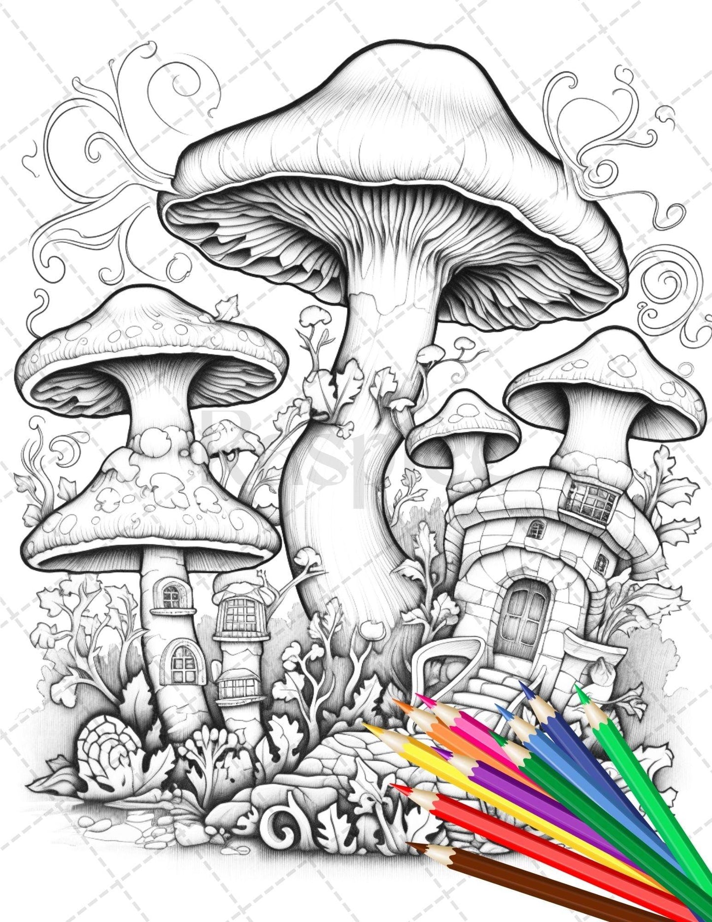 Psychedelic Mushroom Forest Coloring Book Printable for Adults, Trippy Grayscale Coloring Page, PDF File Instant Download