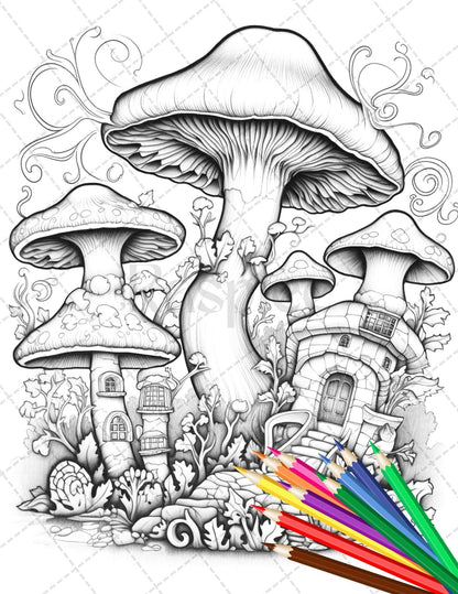 Psychedelic Mushroom Forest Coloring Book Printable for Adults, Trippy Grayscale Coloring Page, PDF File Instant Download