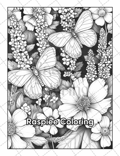 50 Butterflies & Flowers Grayscale Adult Coloring Pages Printable PDF Instant Download