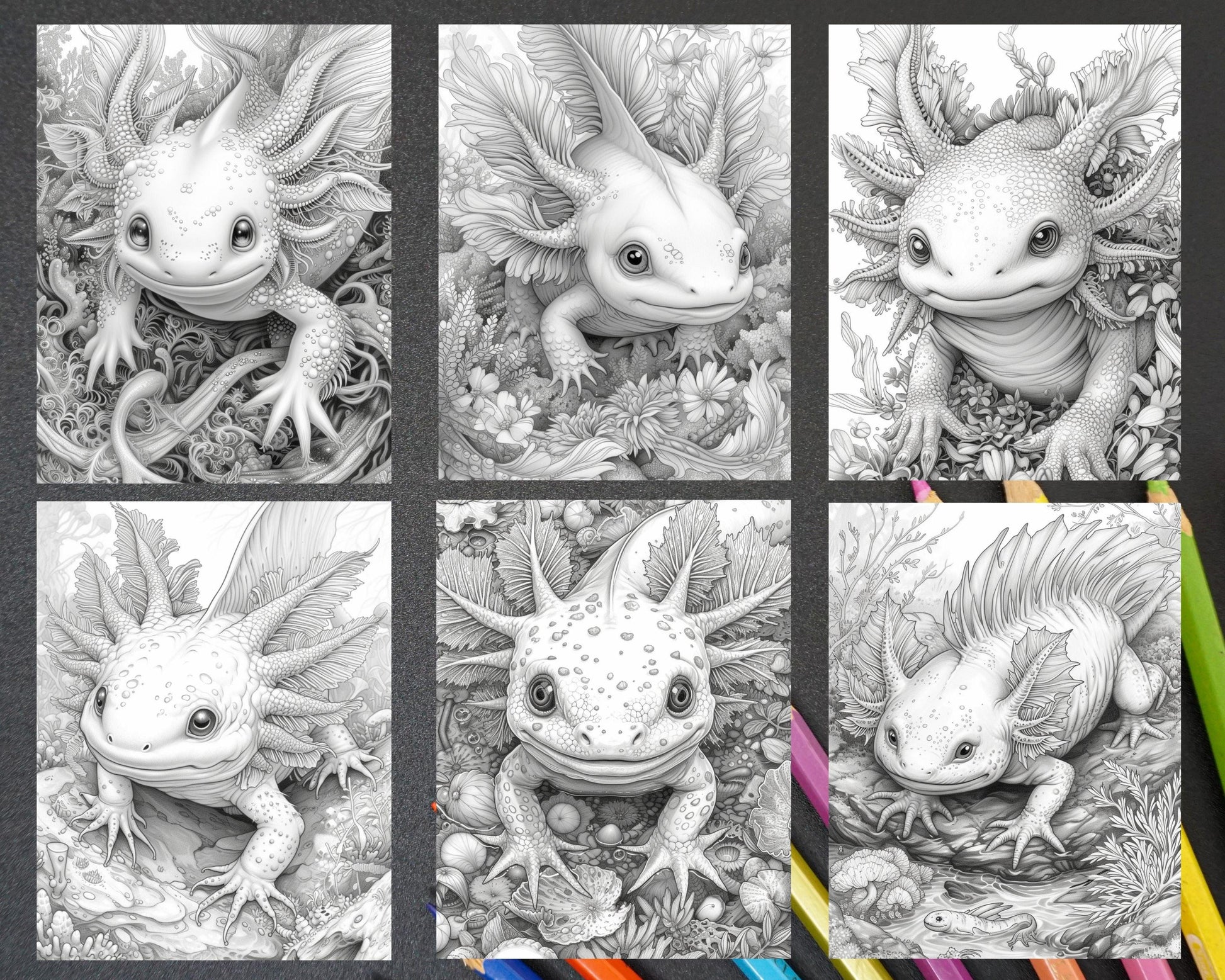 55 Fantasy Alien Axolotl Grayscale Adult Coloring Pages, Printable PDF Instant Download