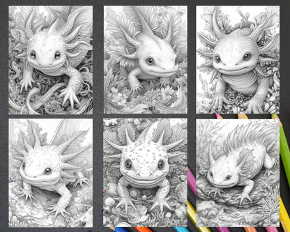 55 Fantasy Alien Axolotl Grayscale Adult Coloring Pages, Printable PDF Instant Download