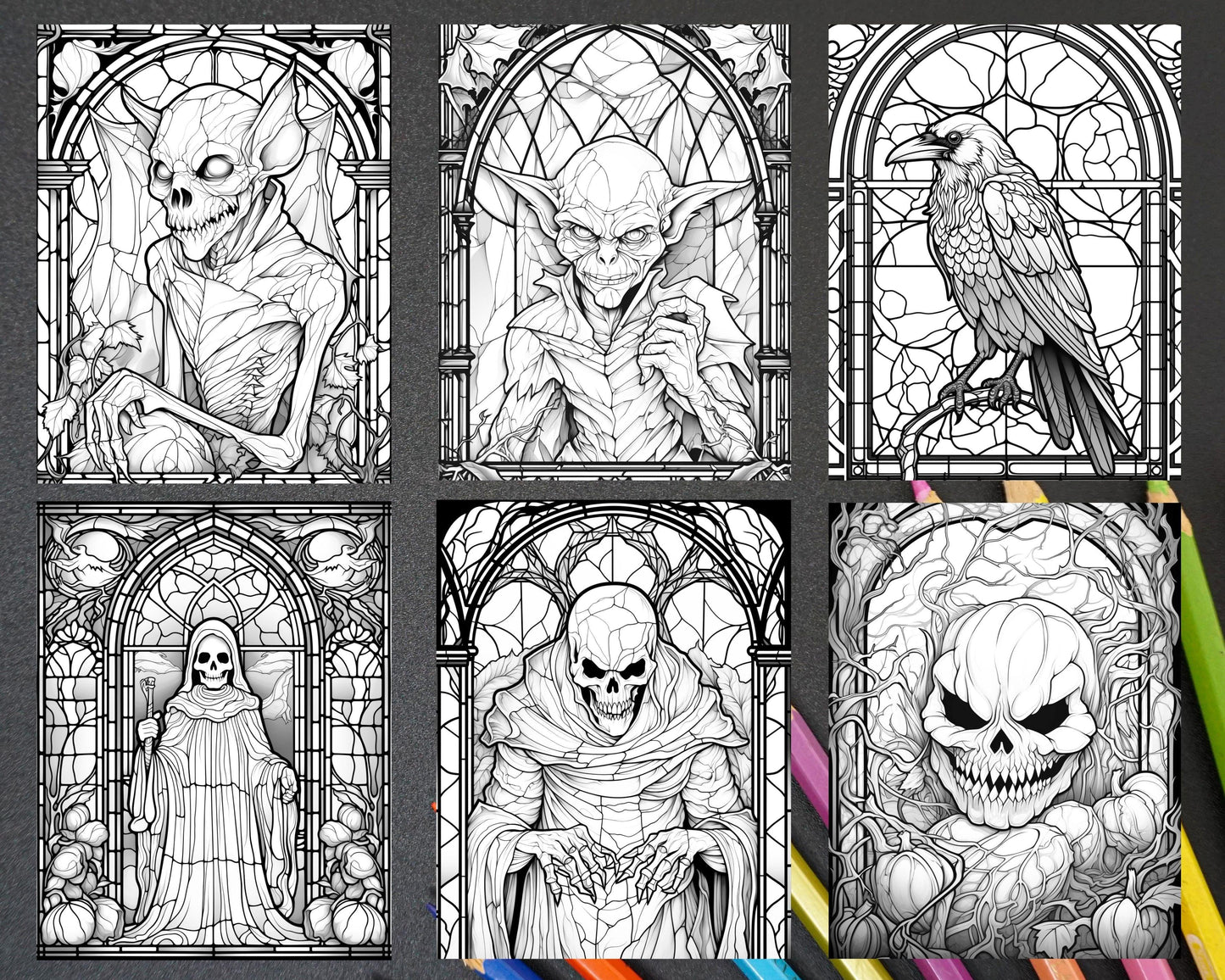 70 Halloween Stained Glass Grayscale Coloring Pages Printable for Adults, PDF File Instant Download