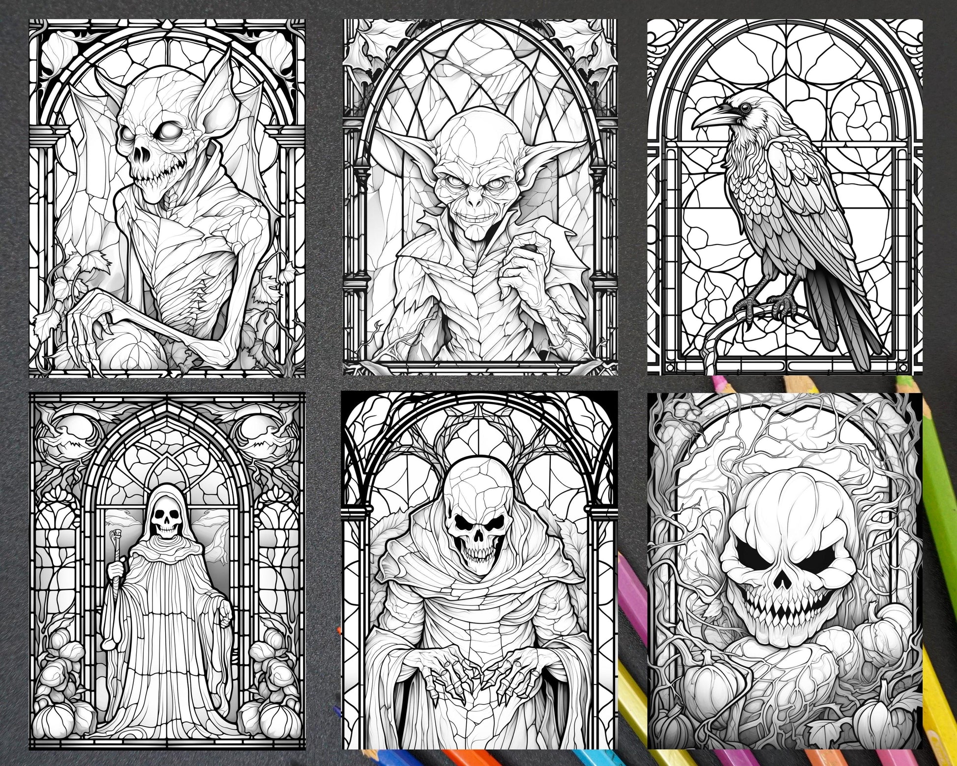 70 Halloween Stained Glass Grayscale Coloring Pages Printable for Adults, PDF File Instant Download