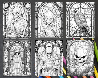 70 Halloween Stained Glass Grayscale Coloring Pages Printable for Adults, PDF File Instant Download