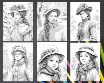 60 Victorian Winter Portrait Grayscale Coloring Pages Printable for Adults, PDF File Instant Download