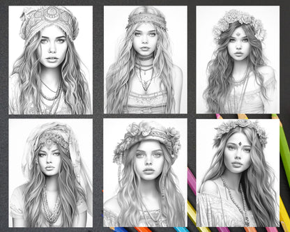 60 Bohemian Beauties Grayscale Coloring Pages for Adults, Printable PDF Instant Download
