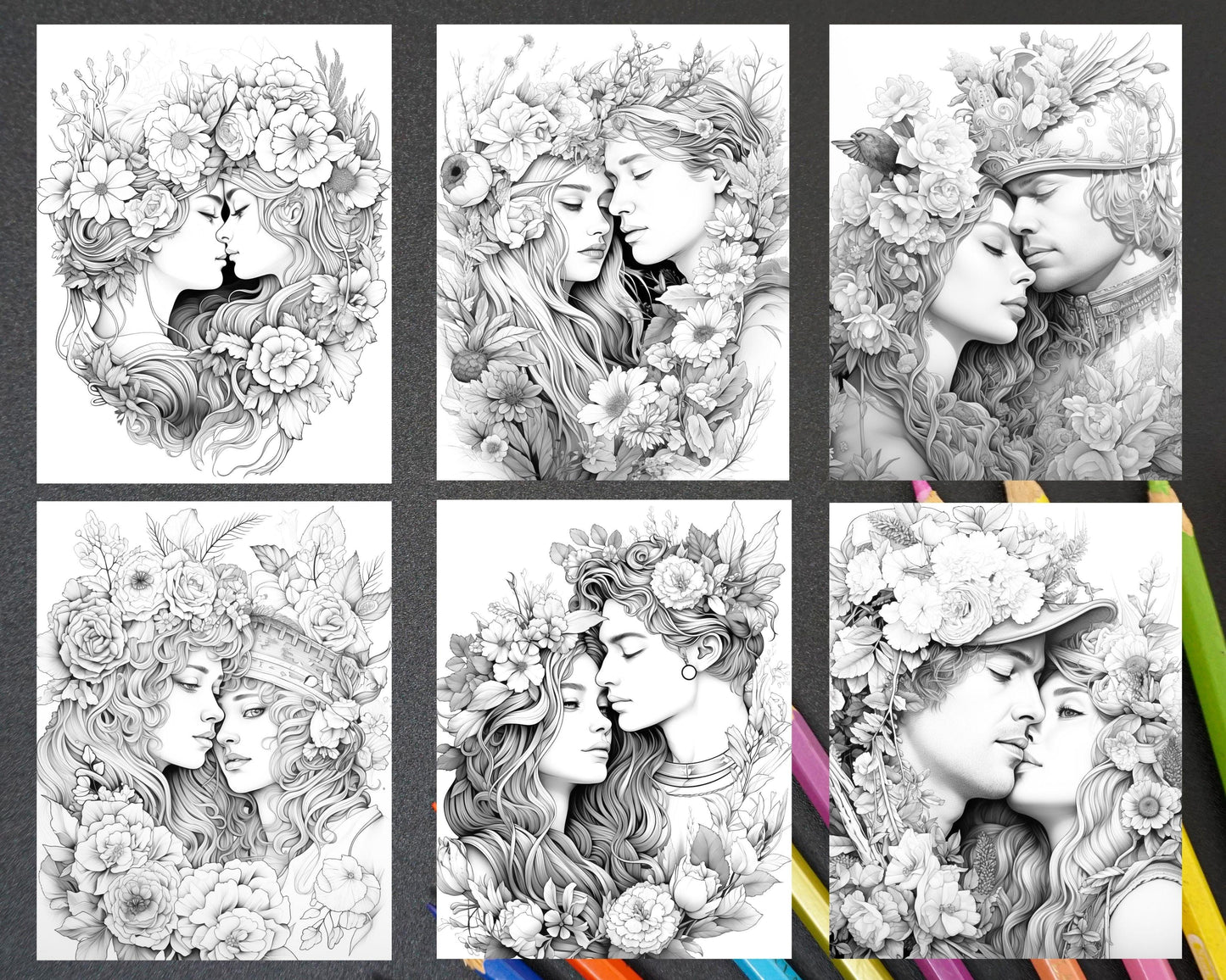 50 Romantic Couple Flowers Grayscale Coloring Pages Printable for Adults, PDF File Instant Download