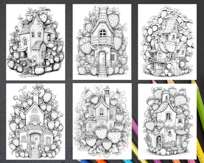 50 Strawberry Houses Grayscale Coloring Pages Printable for Adults Kids, PDF File Instant Download