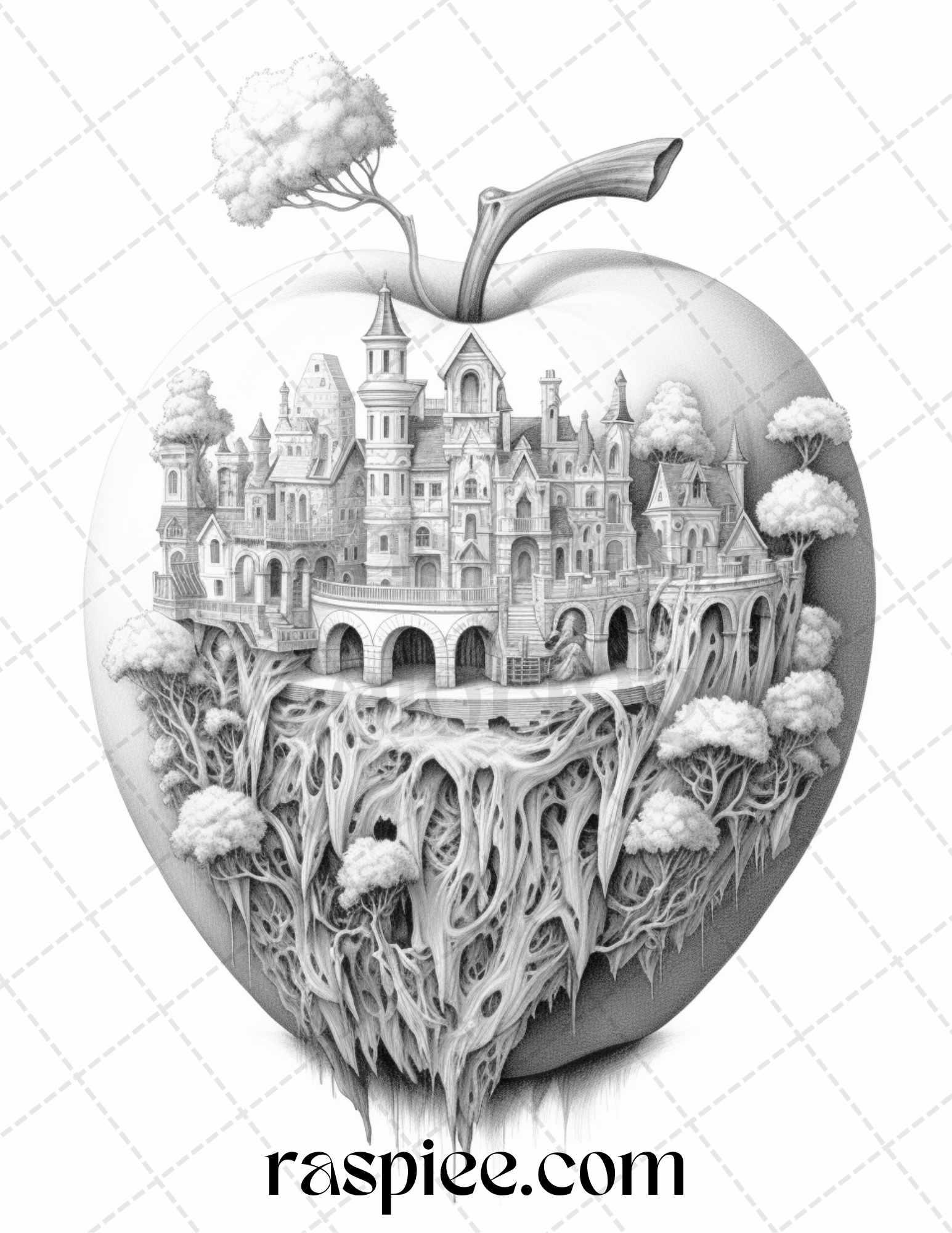 60 Miniworld in the Apple Grayscale Coloring Pages Printable for Adults, PDF File Instant Download
