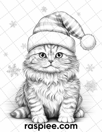 40 Christmas Cats Grayscale Coloring Pages for Adults, Printable PDF Instant Download