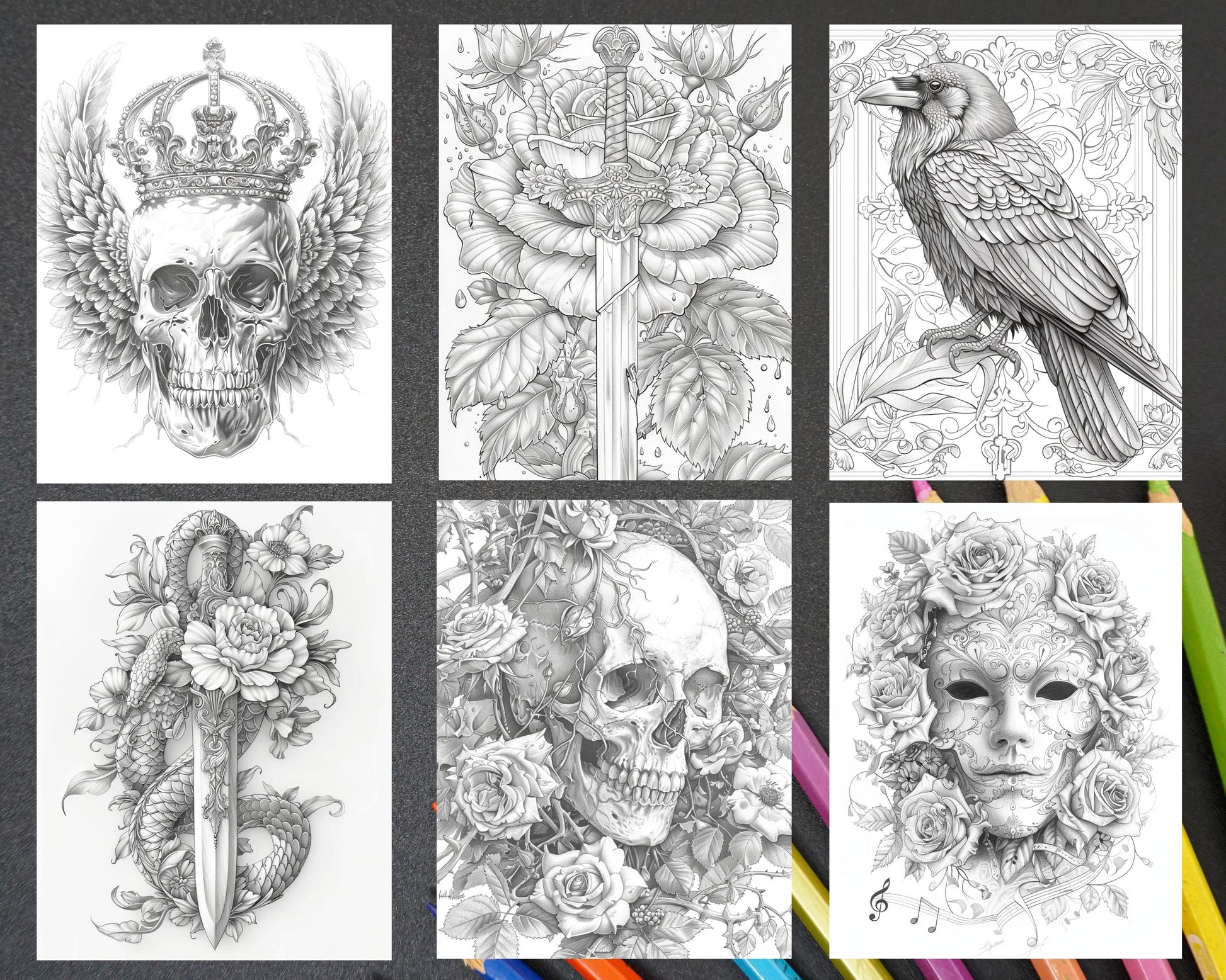 66 Intricate Gothic Tattoos Grayscale Adult Coloring Pages, Printable PDF Instant Download