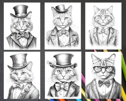 Gentleman Cat Grayscale Coloring Pages Printable for Adults Kids, PDF File Instant Download