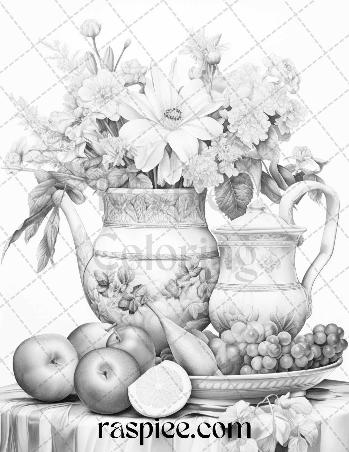 52 Still Life Grayscale Coloring Pages Printable for Adults, PDF File Instant Download