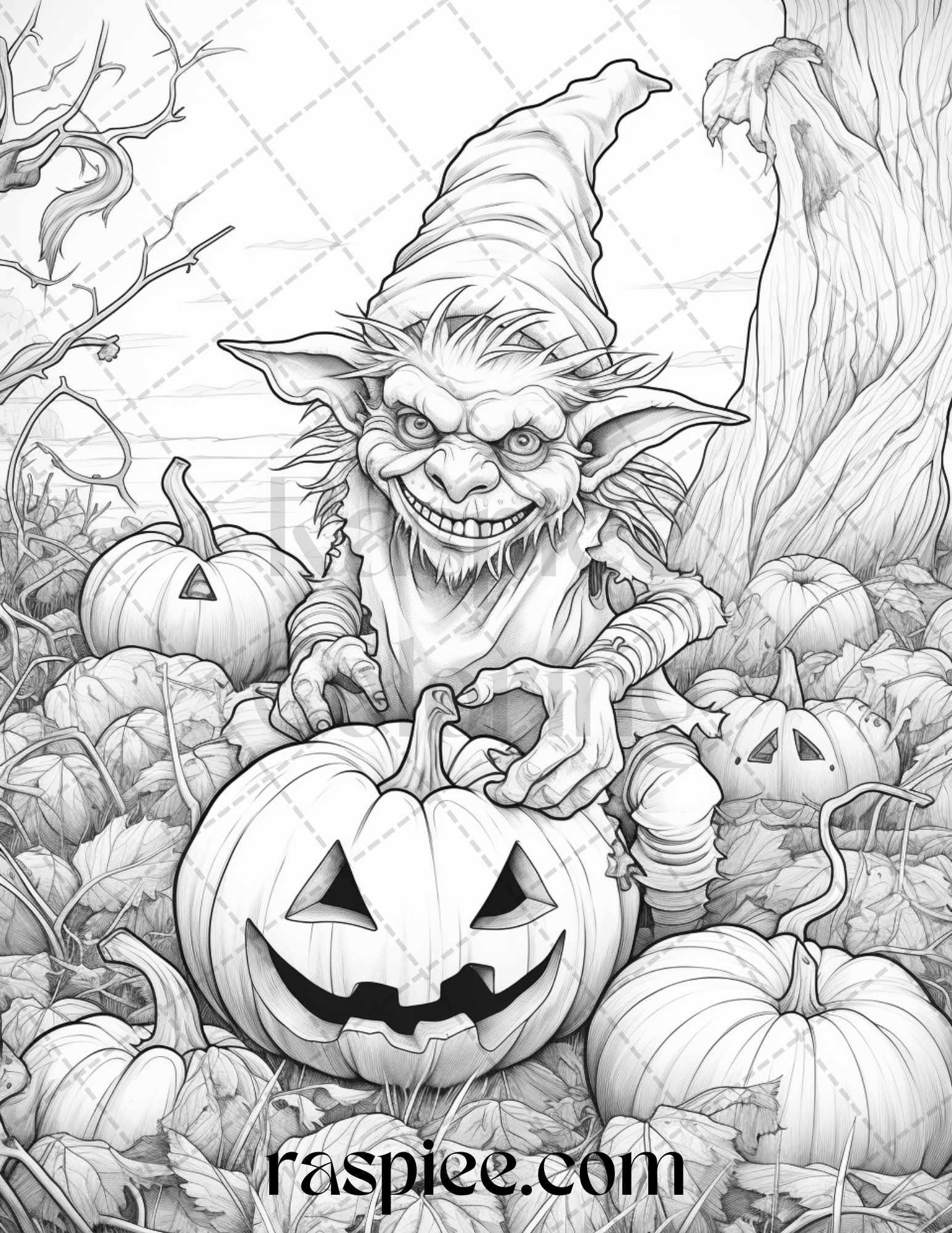 50 Halloween Goblin Grayscale Coloring Pages Printable for Adults, PDF File Instant Download