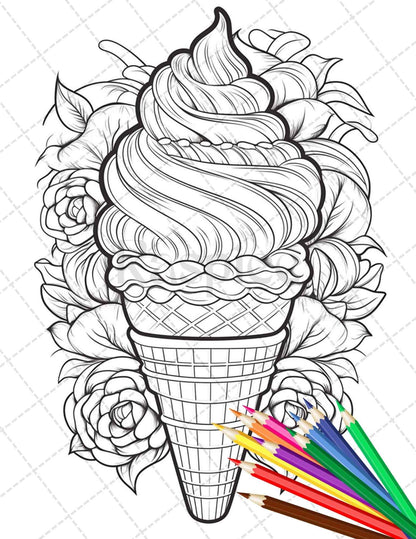 52 Printable Ice Cream Desserts Coloring Pages for Adults and Kids, Grayscale Coloring Page, PDF File Instant Download