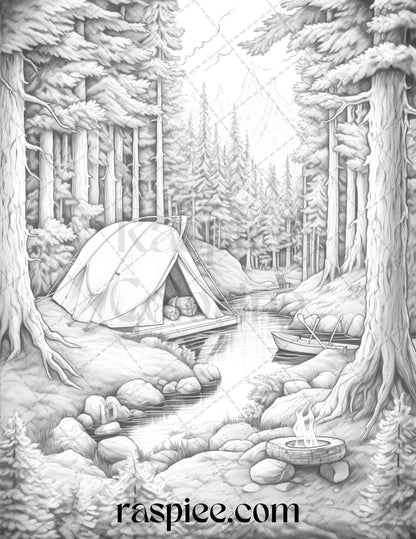 Nature Camping Grayscale Coloring Pages Printable, Relaxing Outdoor Scenes, PDF File Instant Download