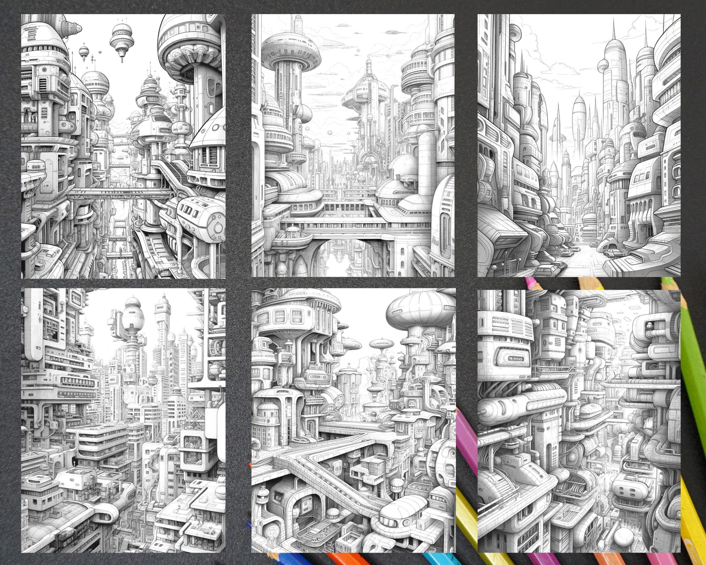 50 Futuristic Metropolis Grayscale Coloring Pages Printable for Adults, PDF File Instant Download