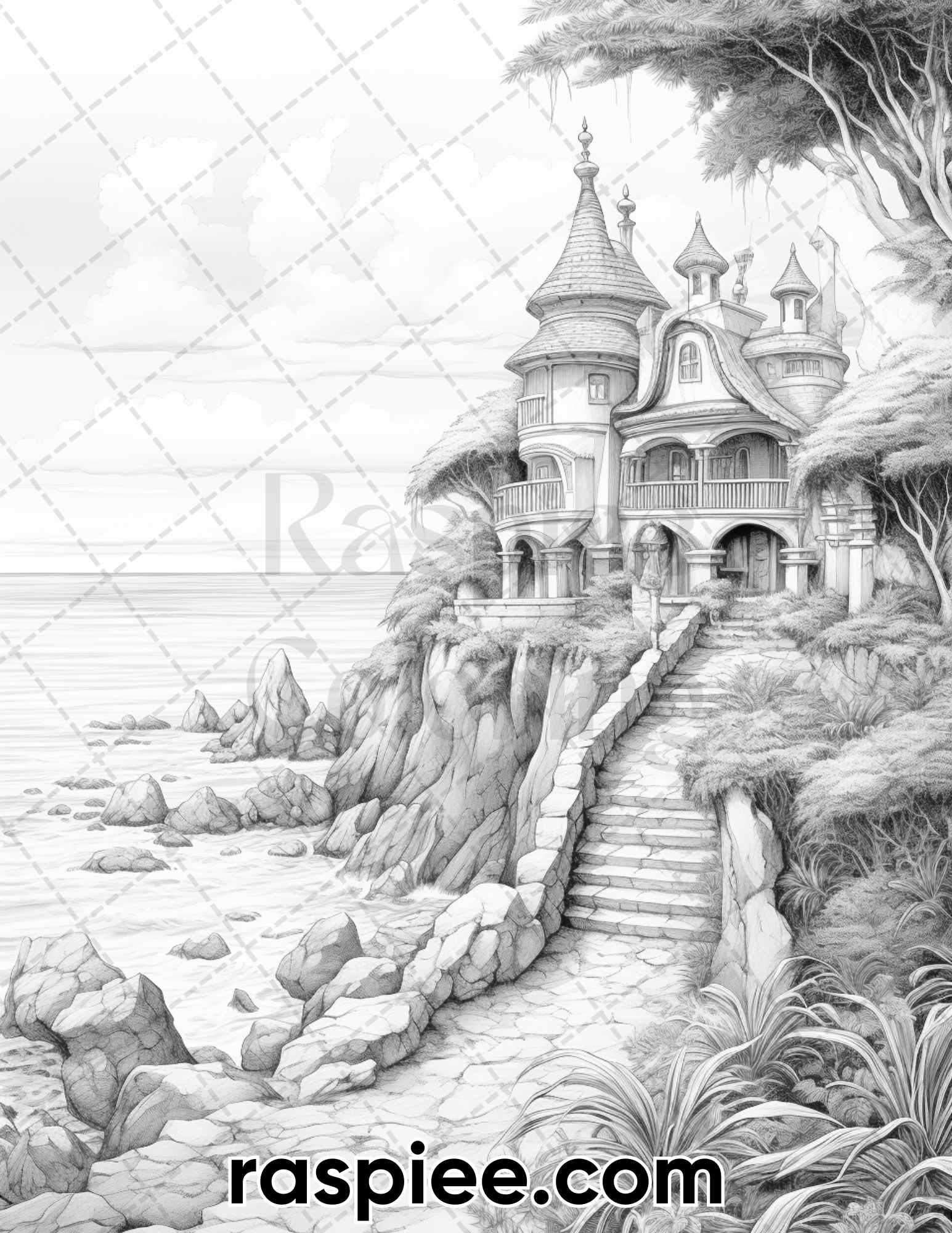 50 Fairy Beach Houses Grayscale Coloring Pages for Adults, Printable PDF Instant Download