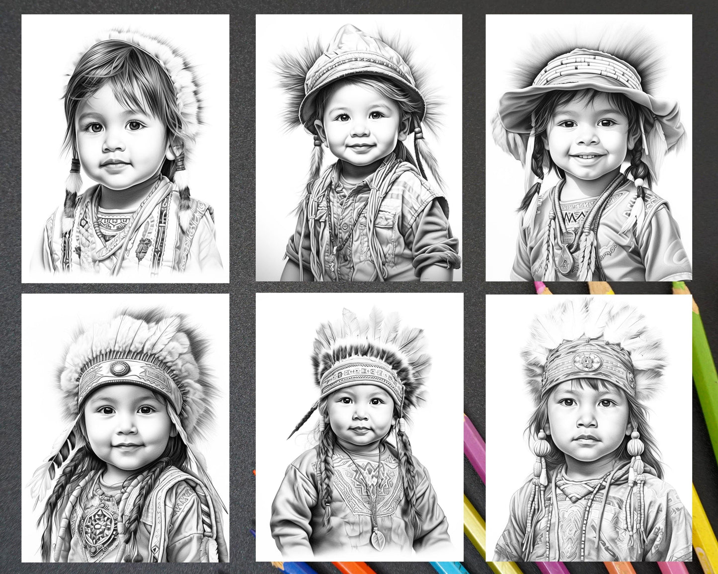 50 Native American Little Girls Boys Grayscale Coloring Pages Printable for Adults Kids, PDF File Instant Download