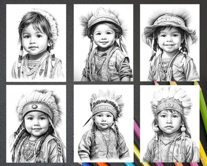 50 Native American Little Girls Boys Grayscale Coloring Pages Printable for Adults Kids, PDF File Instant Download