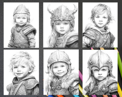 58 Little Viking Girls Boys Portrait Grayscale Coloring Pages Printable, PDF File Instant Download