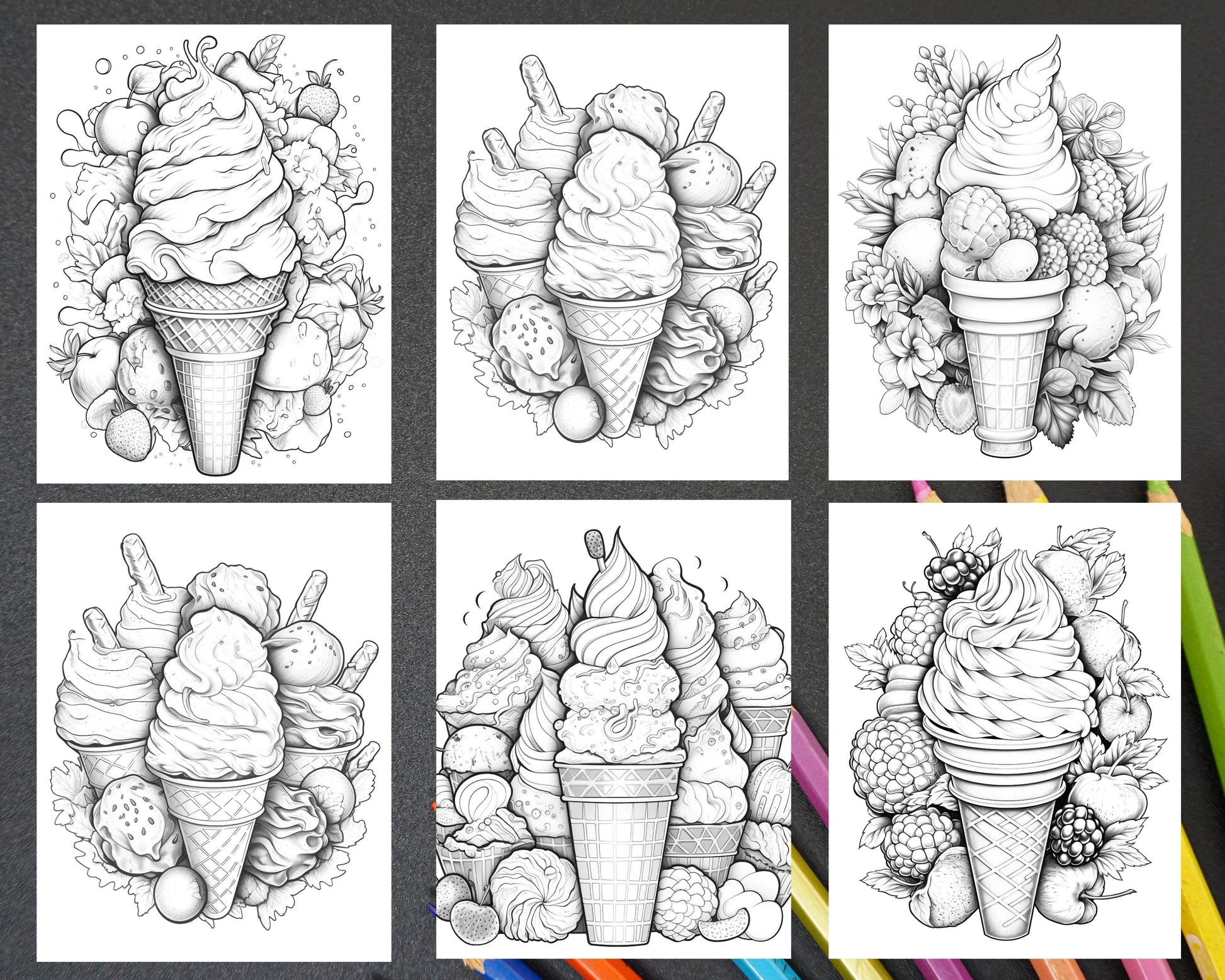52 Printable Ice Cream Desserts Coloring Pages for Adults and Kids, Grayscale Coloring Page, PDF File Instant Download