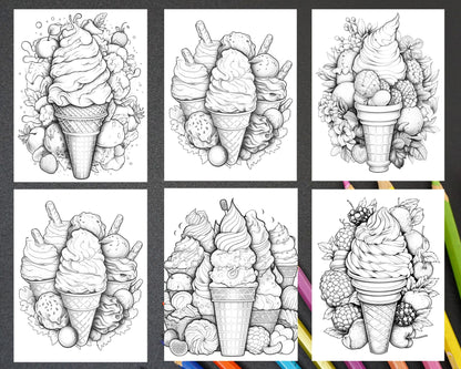 52 Printable Ice Cream Desserts Coloring Pages for Adults and Kids, Grayscale Coloring Page, PDF File Instant Download