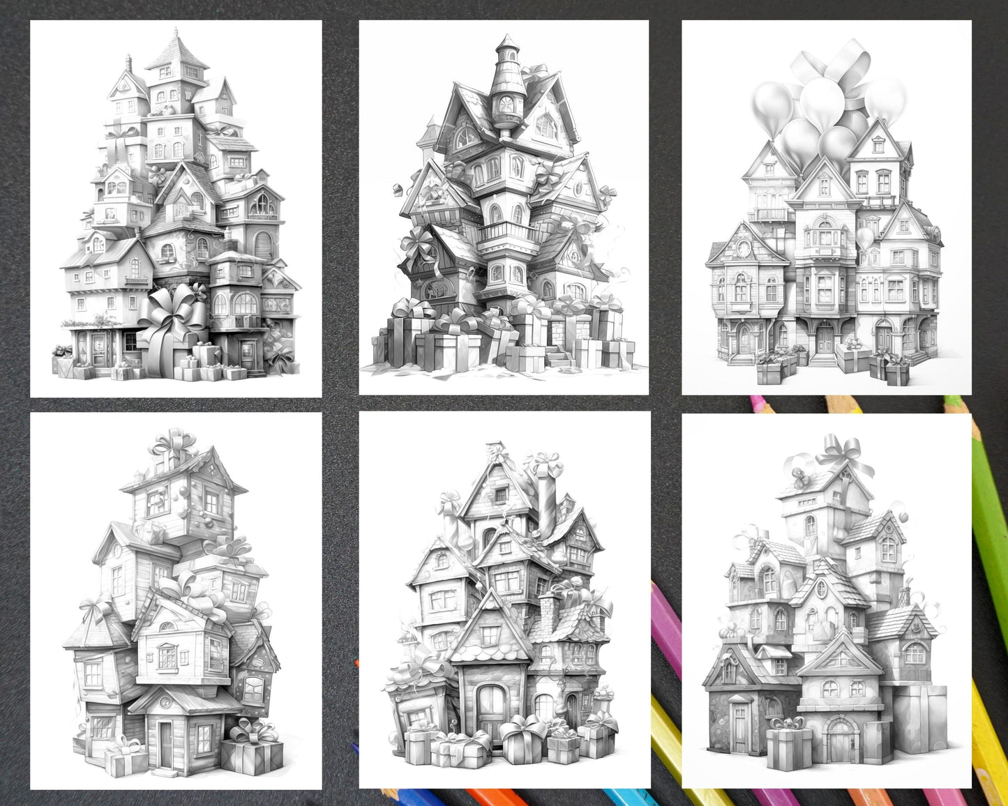 40 Adorable Gift Box Houses Grayscale Coloring Pages Printable for Adults Kids, PDF File Instant Download