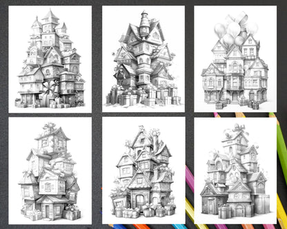 40 Adorable Gift Box Houses Grayscale Coloring Pages Printable for Adults Kids, PDF File Instant Download